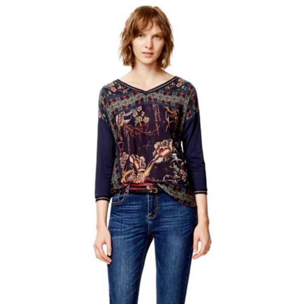 Desigual Albania 3/4 Sleeve V-Neck T-Shirt Rhinestone Embellished Top SZ L
